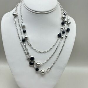 Elegant Long Silver and Black Strand Necklace